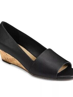 Aerosoles Spring Break Perforated Black Peep Toe Faux Cork Wedge Pumps - Size 5